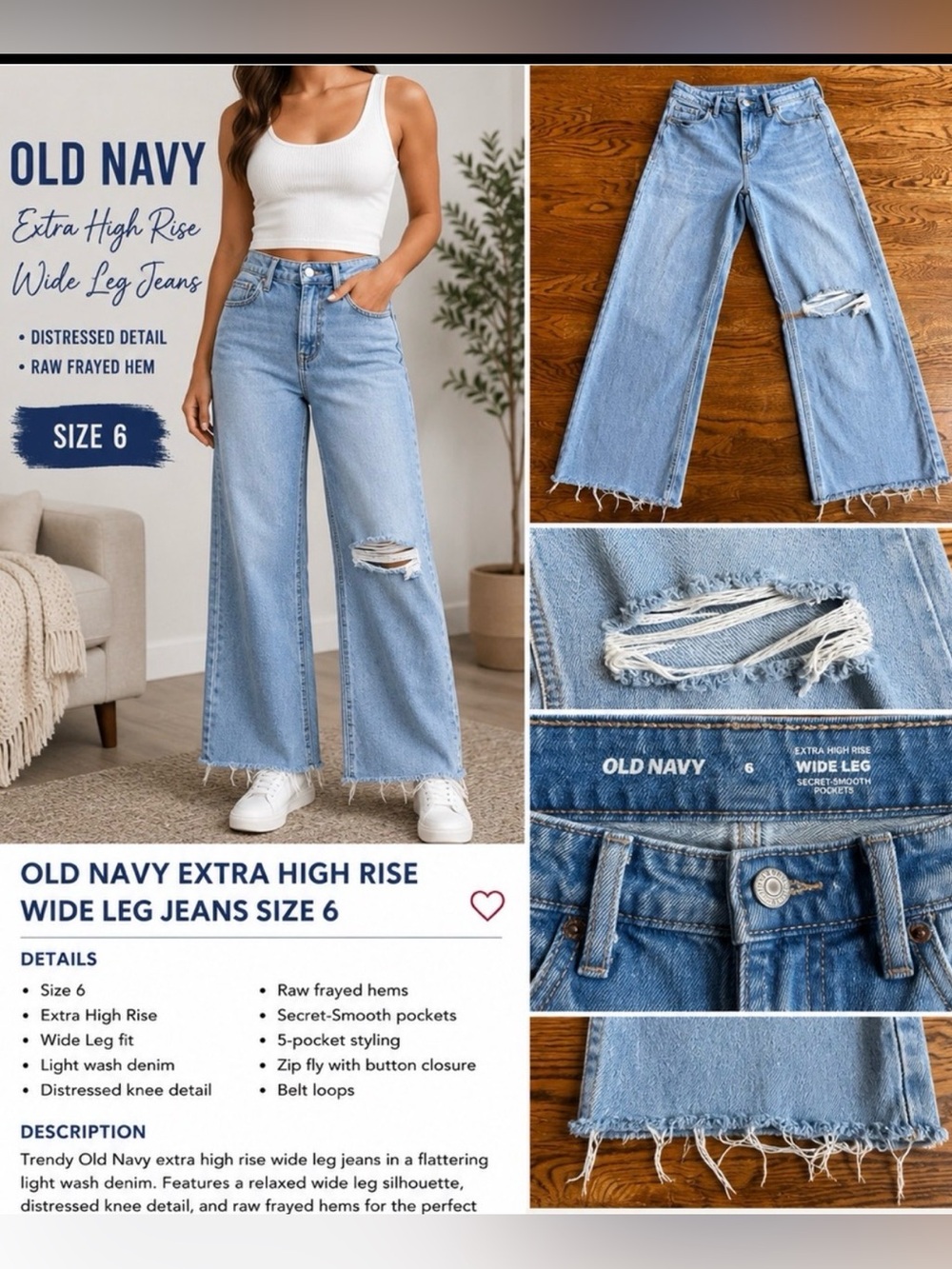 Old Navy Light Blue Wide Leg Jeans with Distressed Knee